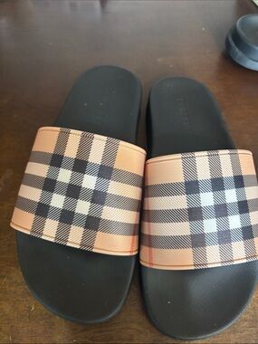 Burberry Black Slides with Beige Check Strap